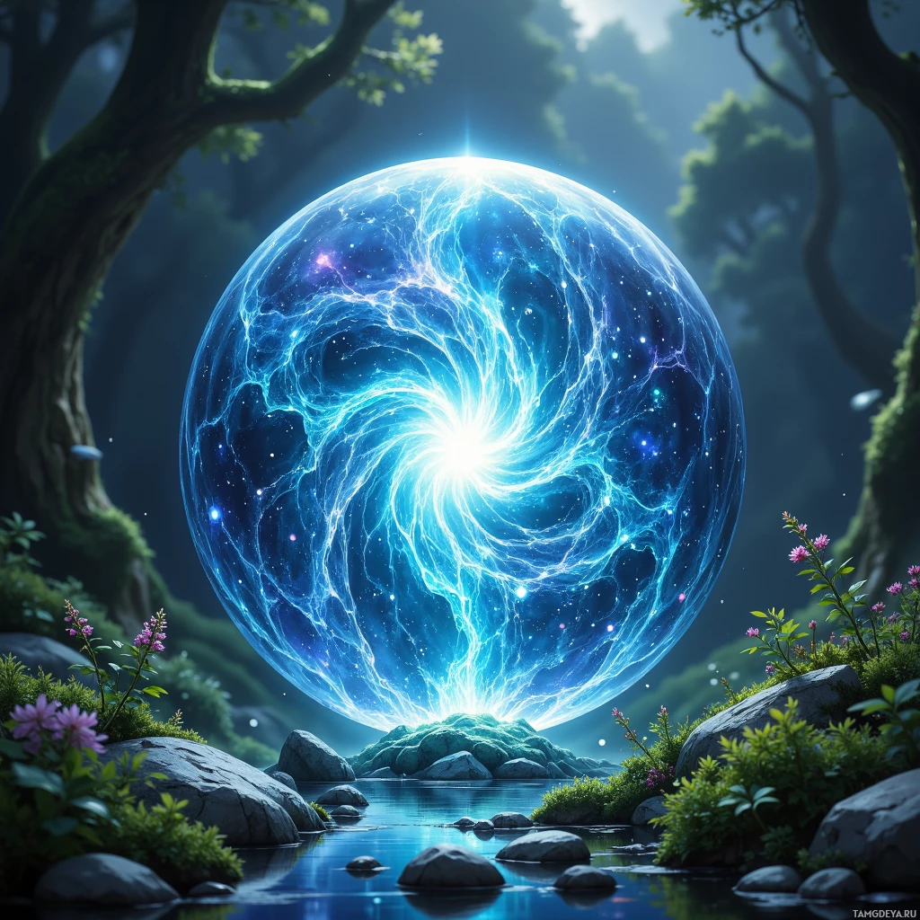 Безмятежная лесная сцена, над тихой рекой парит светящаяся, неземная сфера.
