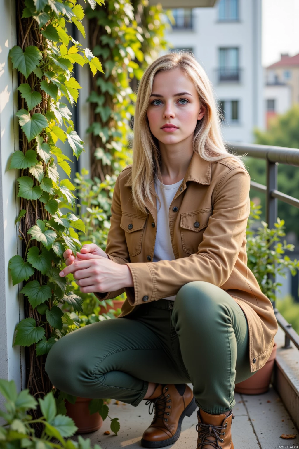 Человек в бежевой куртке и зеленых брюках присел на балконе, на заднем плане зелень.