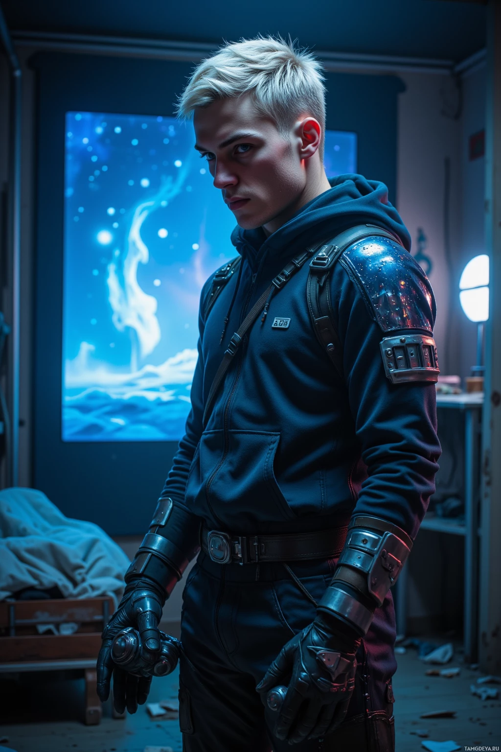 Человек в футуристическом костюме стоит в полумраке комнаты с подсвеченным фоном.