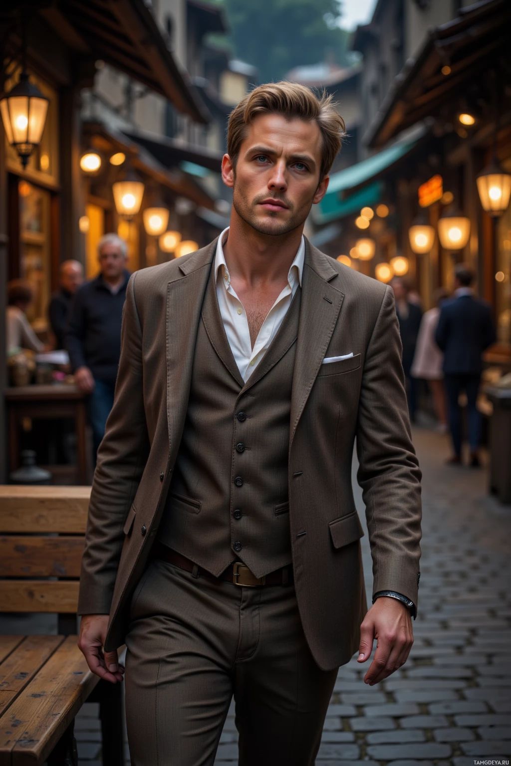 Мужчина в коричневом костюме стоит на мощёной улице, на заднем плане – магазины и фонари.