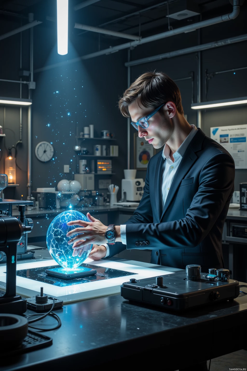 Мужчина в костюме взаимодействует со светящимся сферическим объектом в лабораторных условиях.