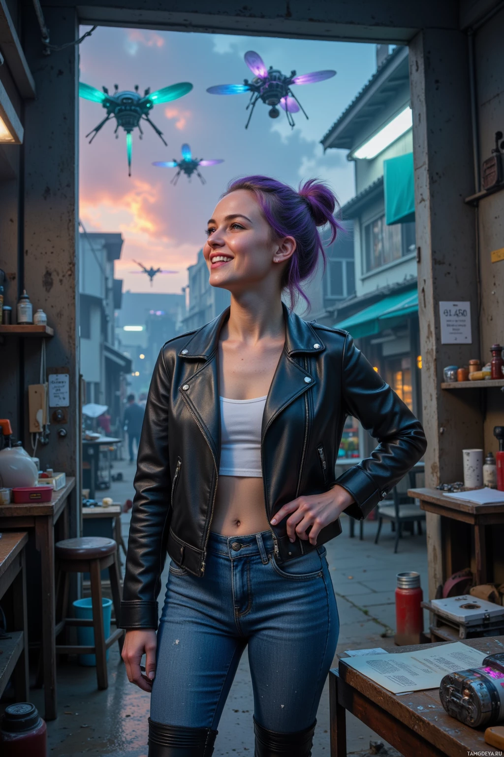 На улице женщина стоит, над ней летают дроны.