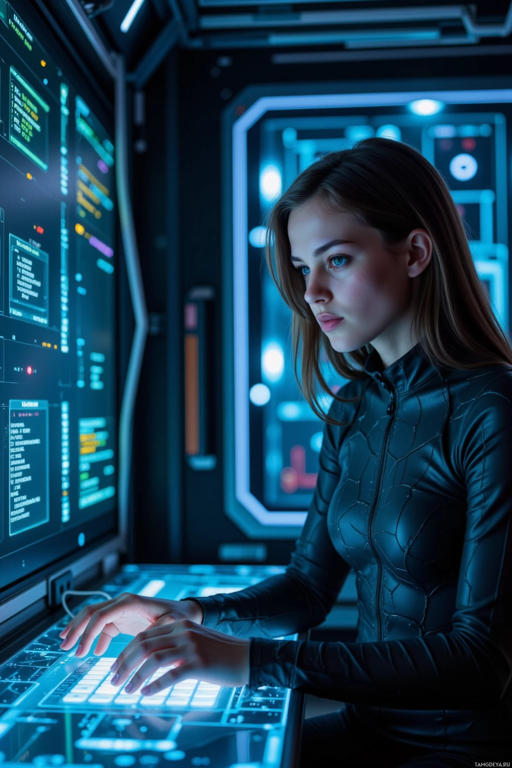 Человек в футуристической обстановке работает за высокотехнологичным компьютерным интерфейсом.