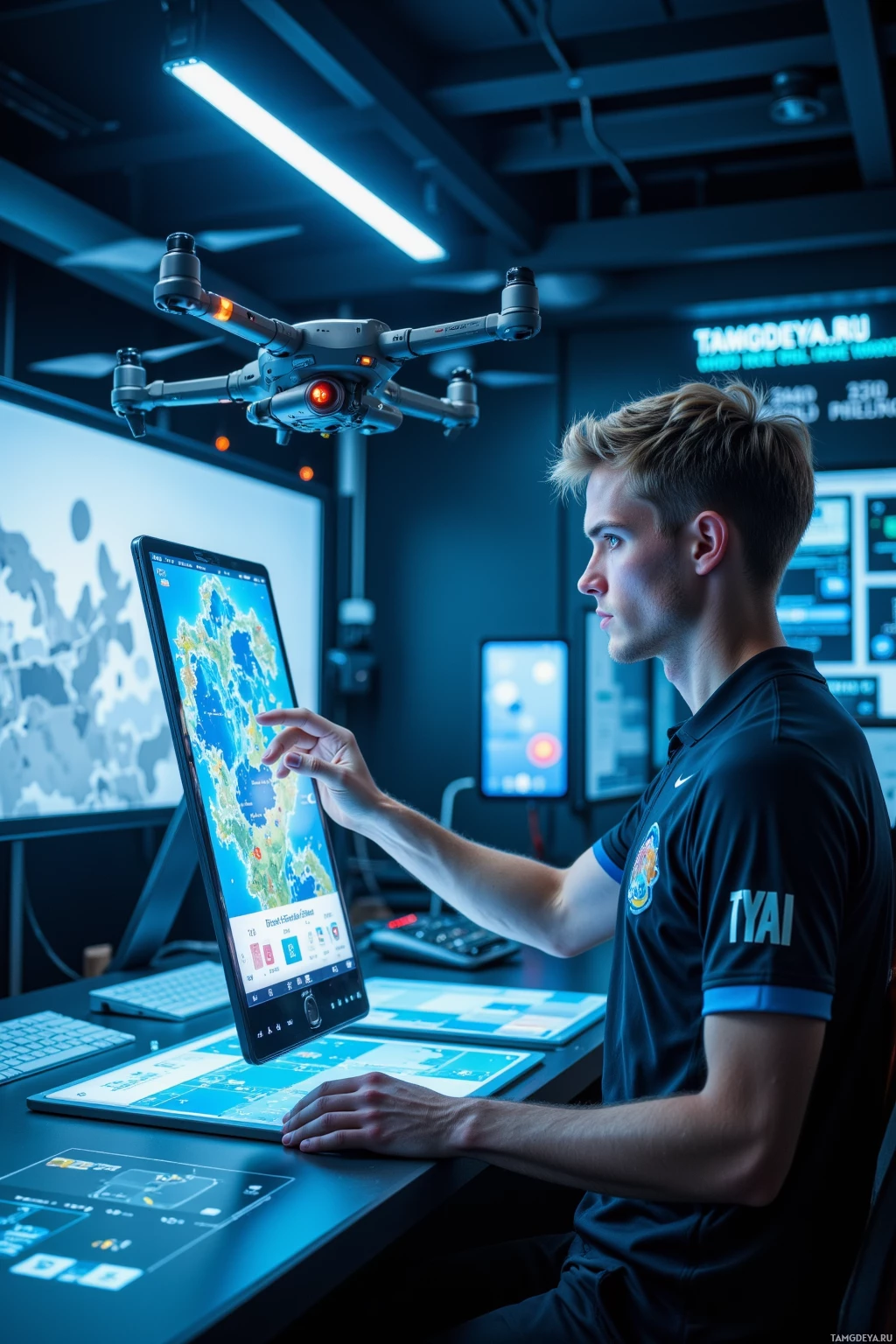 Человек управляет дроном в высокотехнологичном диспетчерском зале, где на множестве экранов транслируются карты и данные.