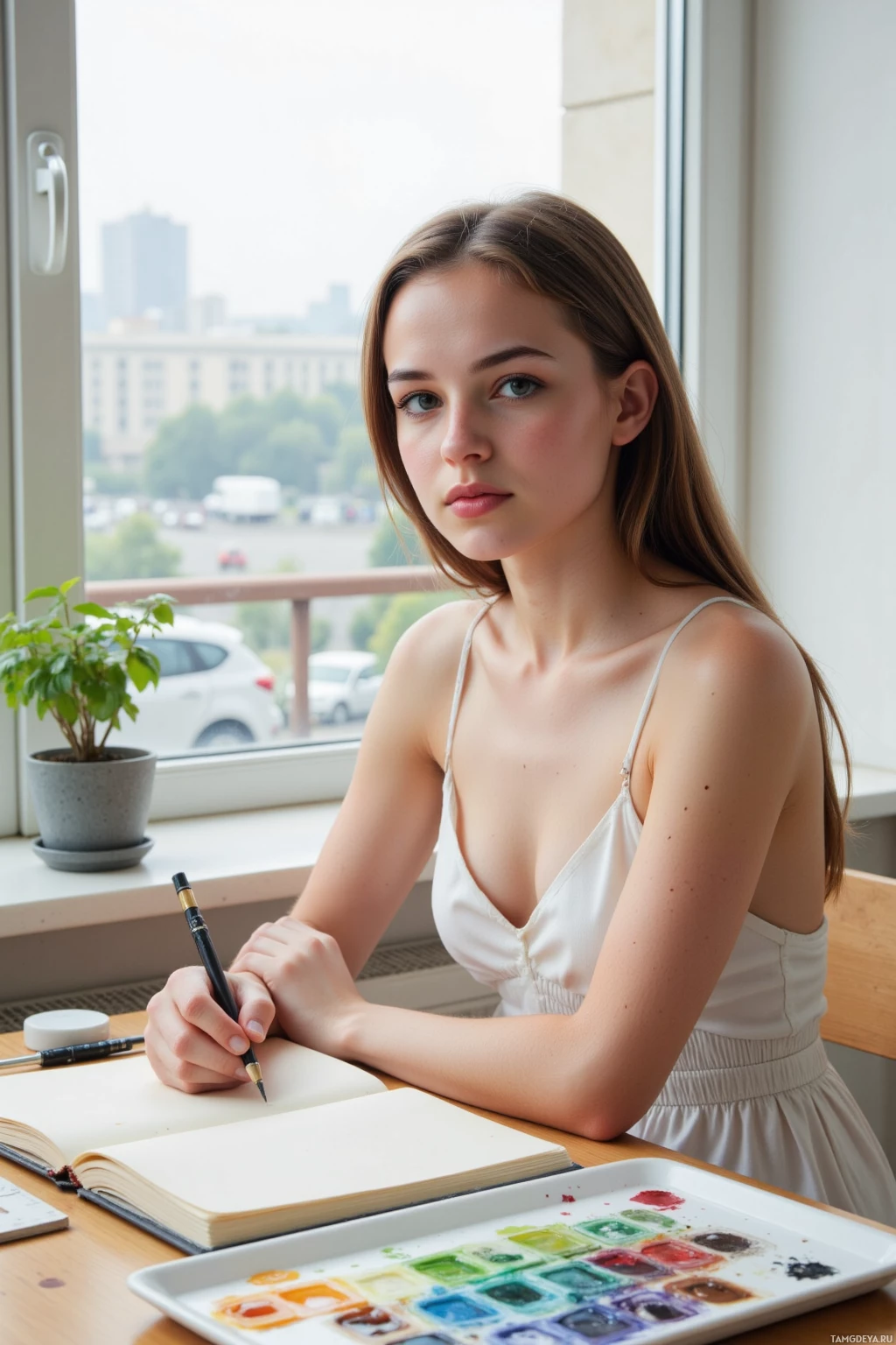 Молодая женщина сидит за столом с акварельной палитрой, держа в руках кисть, и смотрит в окно.