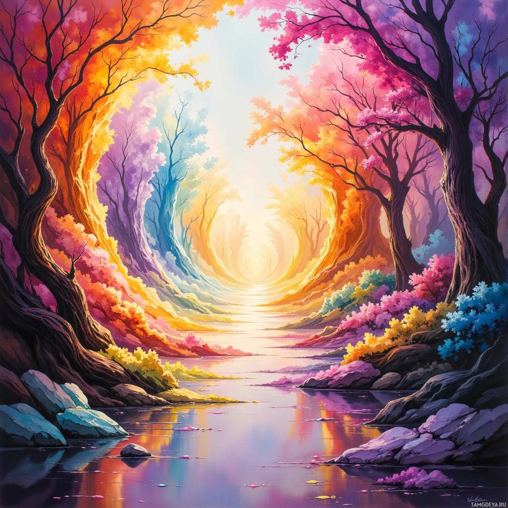 Яркий, красочный пейзаж с рекой, окружённой деревьями в осенней листве, и светлым небом.