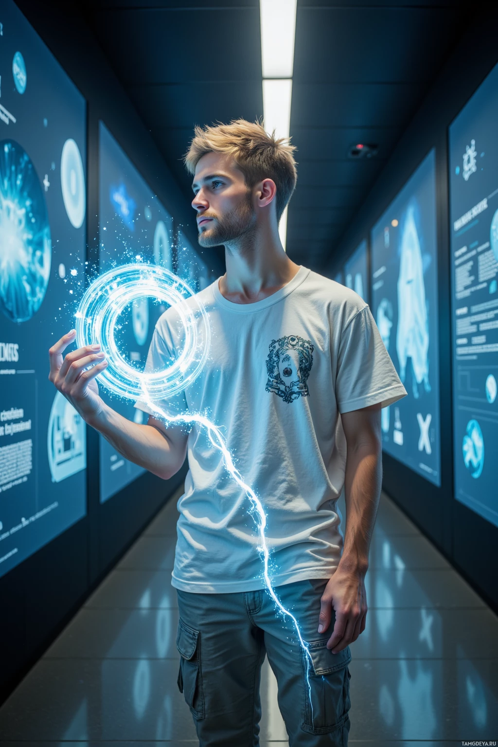 Человек стоит в футуристичном коридоре, держа в руках светящееся кольцо.
