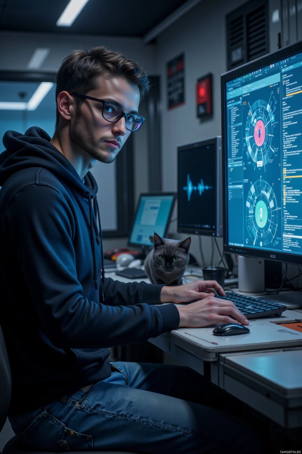 Человек в очках работает за компьютером, рядом сидит кошка.