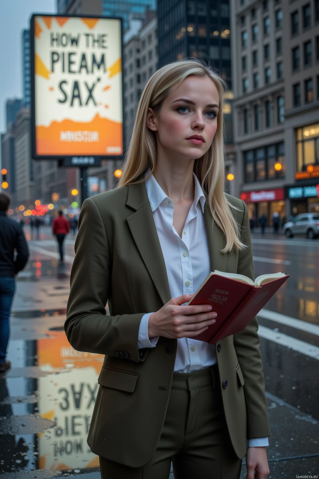 Женщина в деловом костюме стоит на городской улице, держа в руках раскрытую книгу.