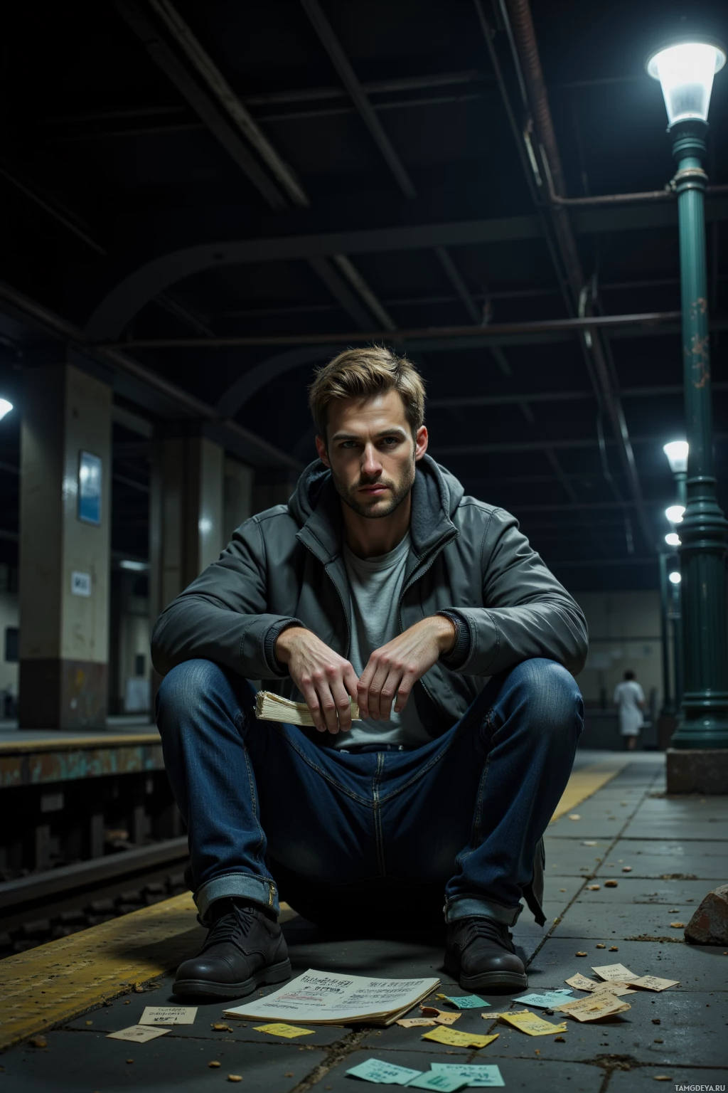 Мужчина сидит на платформе вокзала, держа в руках книгу, а на полу вокруг него разбросаны бумаги.