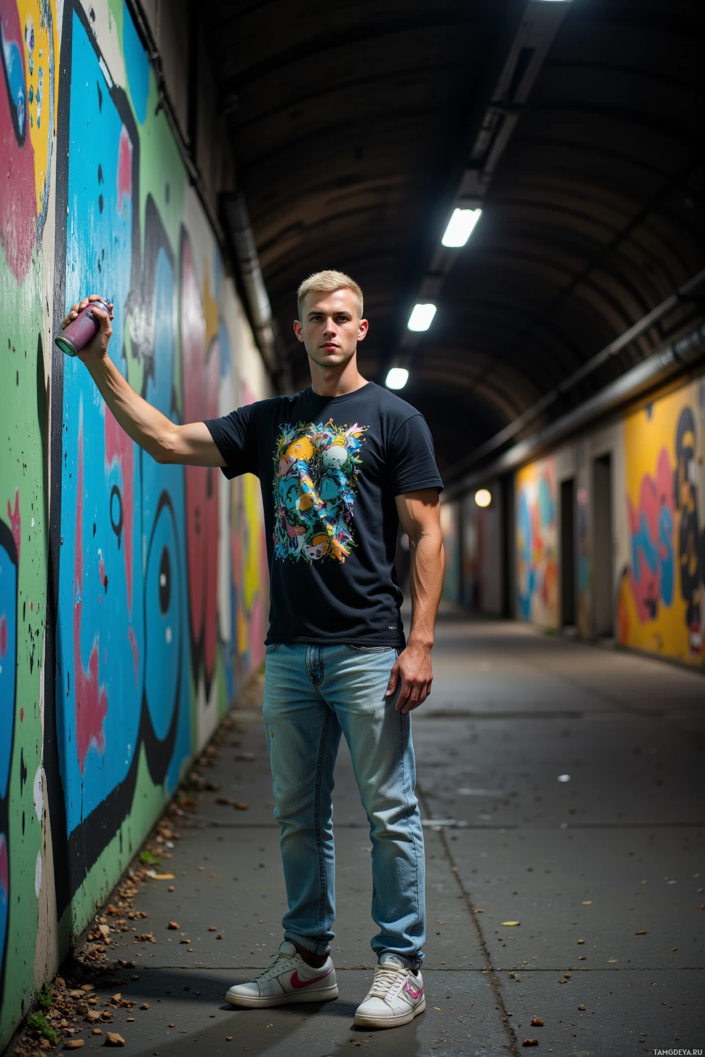 Молодой человек стоит в переулке, покрытом граффити, с баллончиком краски в руках.