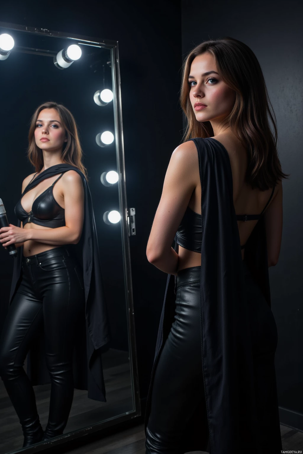 Женщина стоит перед зеркалом, одетая в черное платье с накидкой, в полумраке комнаты.