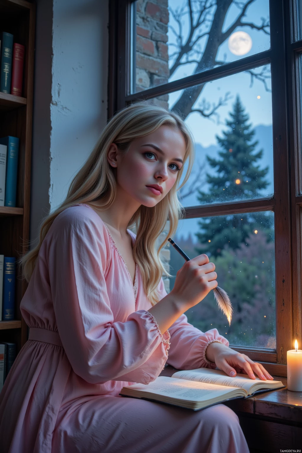 В розовом платье женщина сидит у окна, держа в руке перо и читая раскрытую книгу.