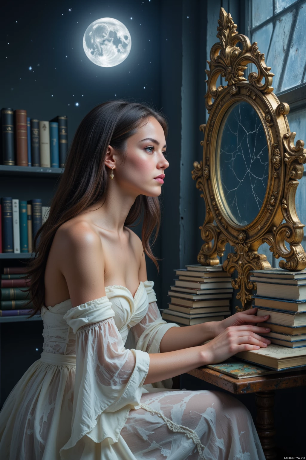 Женщина в белом платье сидит за столом с книгами, глядя на потрескавшееся зеркало на фоне ночного неба с полной луной.