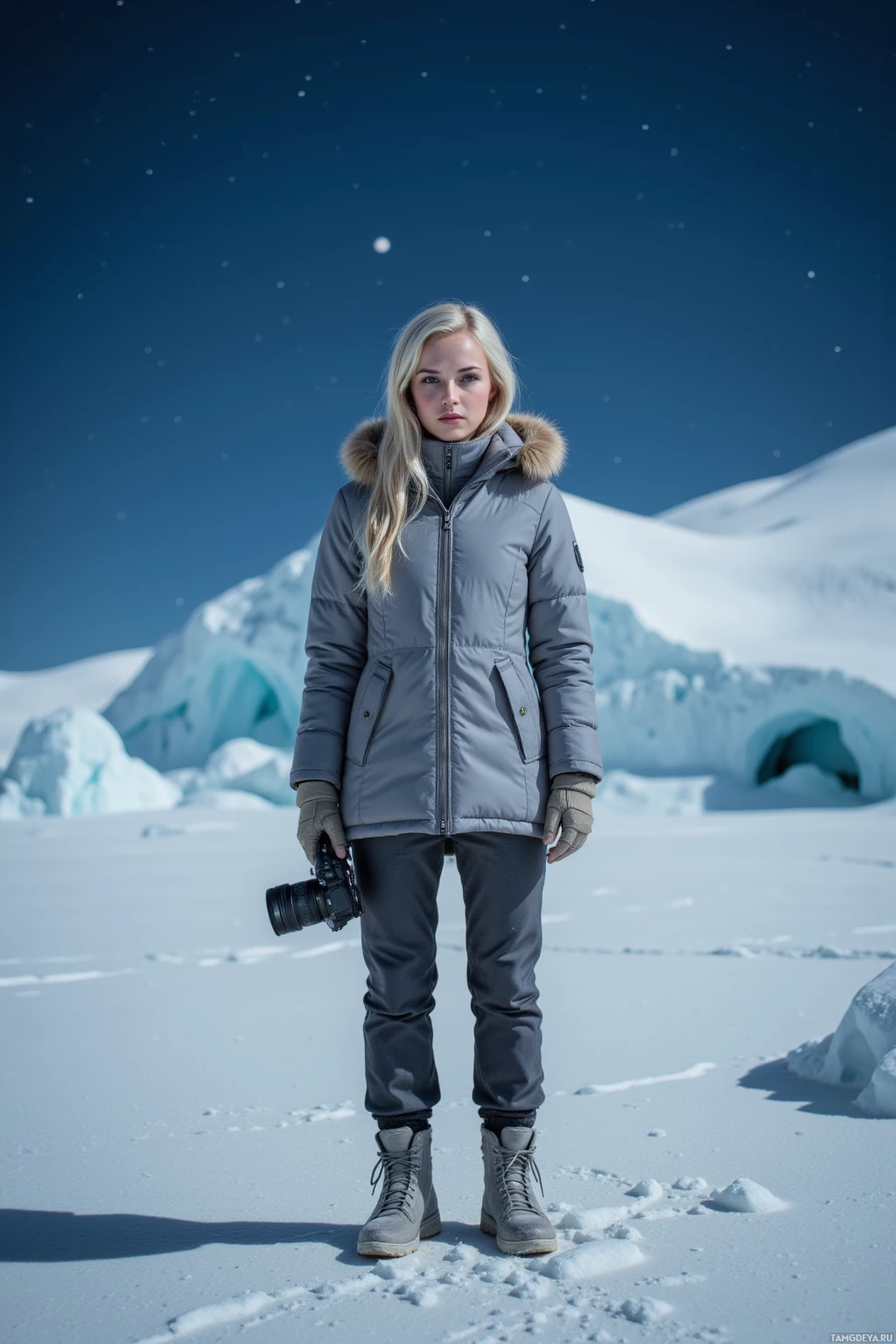 Человек стоит на заснеженном пейзаже с фотоаппаратом, одетый в зимнюю одежду.