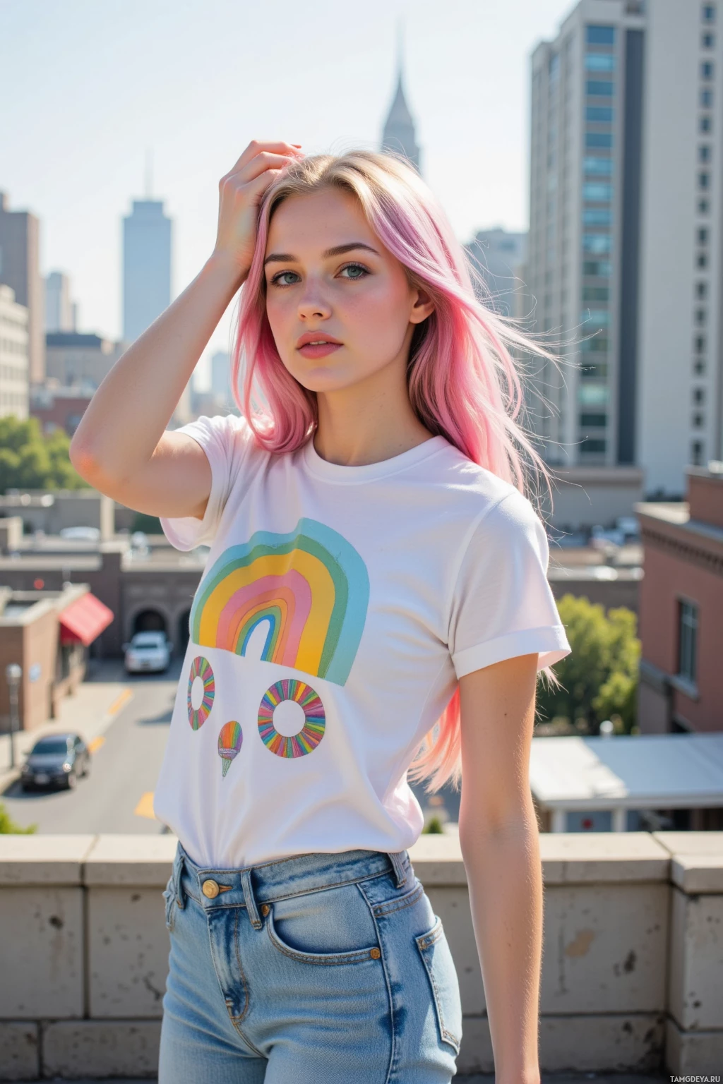 На крыше стоит девушка с розовыми волосами в белой футболке с ярким радужным принтом и синих джинсах.