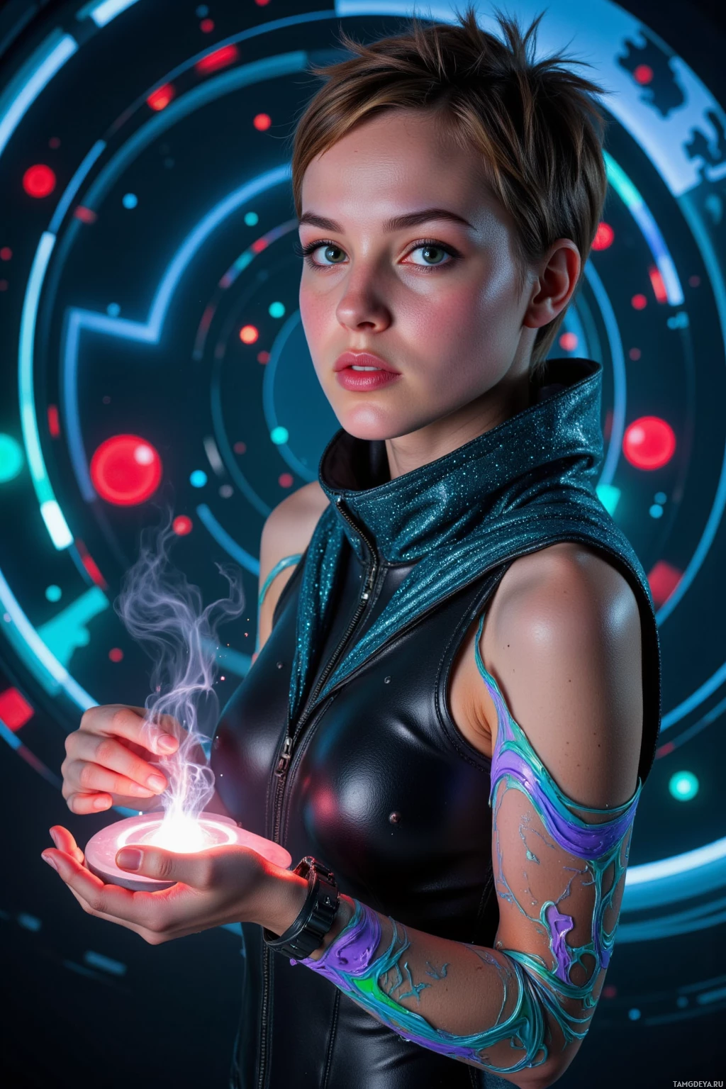 Человек в футуристическом наряде держит светящийся предмет на фоне красочного неонового фона.