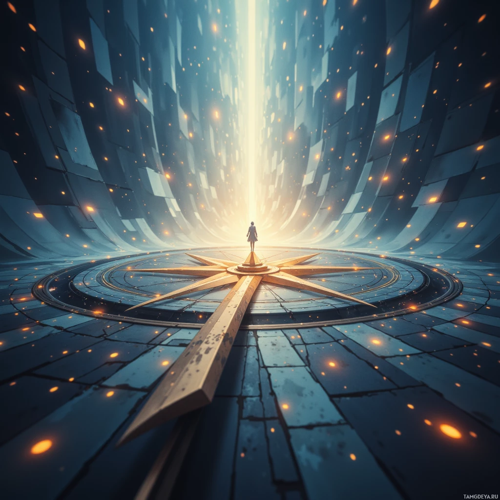 Человек стоит в центре светящейся конструкции, напоминающей компас, в футуристической, туннелеобразной среде.