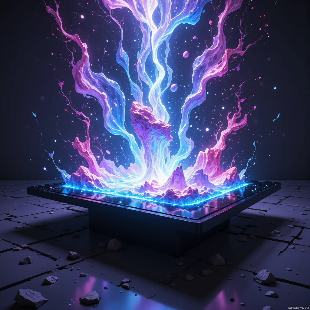 Яркая абстрактная сцена с переливающимися, красочными жидкостными формами, словно возникающими из основания на фоне тёмного, звёздного неба.