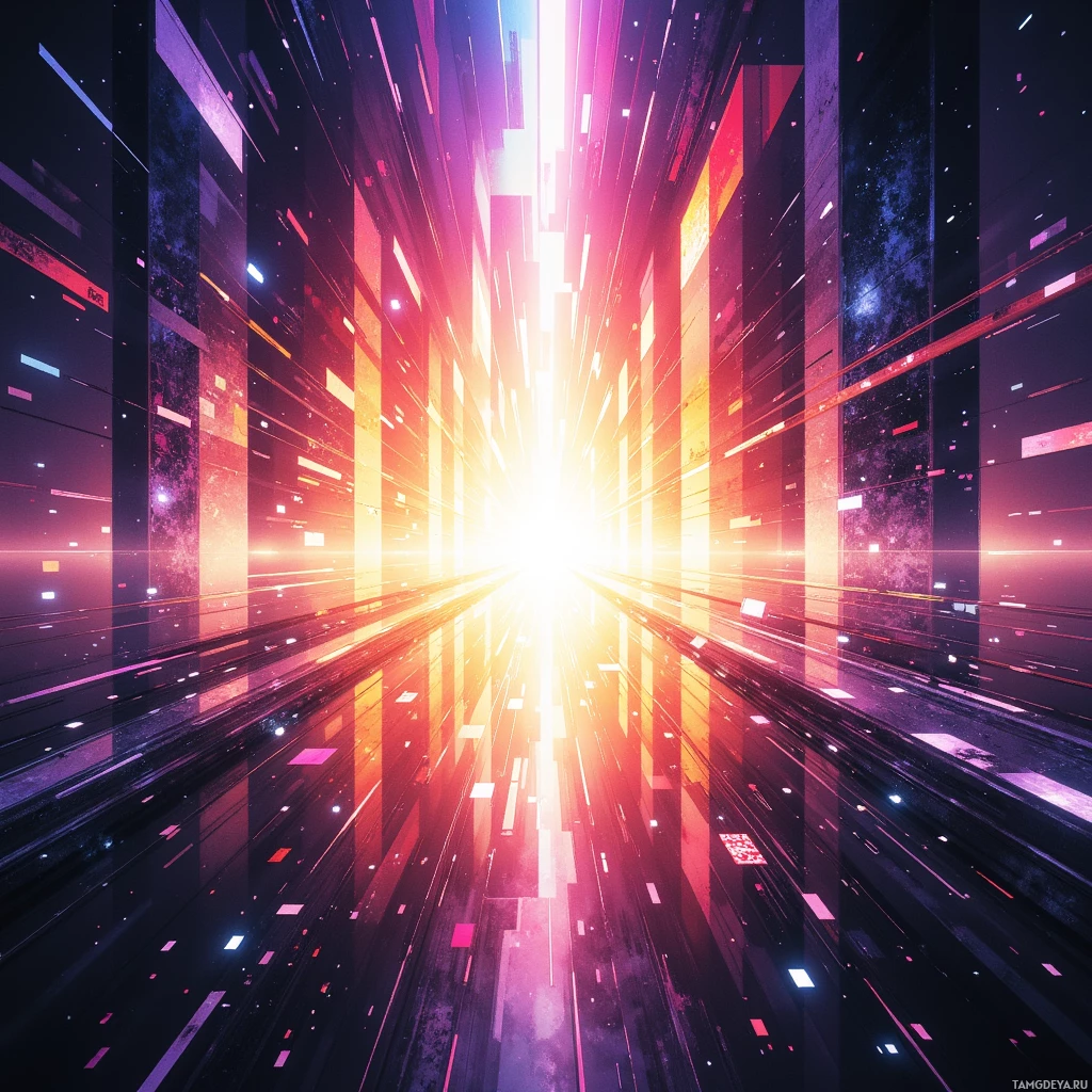 Яркая, футуристическая цифровая картина, в центре которой сияющий источник света, окруженный полосами света и геометрическими фигурами в оттенках пурпурного, розового и оранжевого.