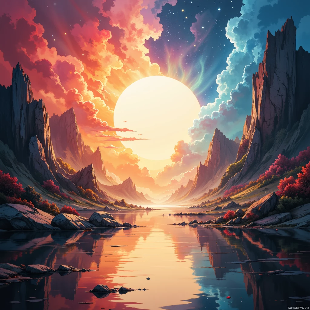 Безмятежный пейзаж с огромным закатным солнцем, отражающимся в спокойной глади озера, в окружении величественных скал и яркой осенней листвы.