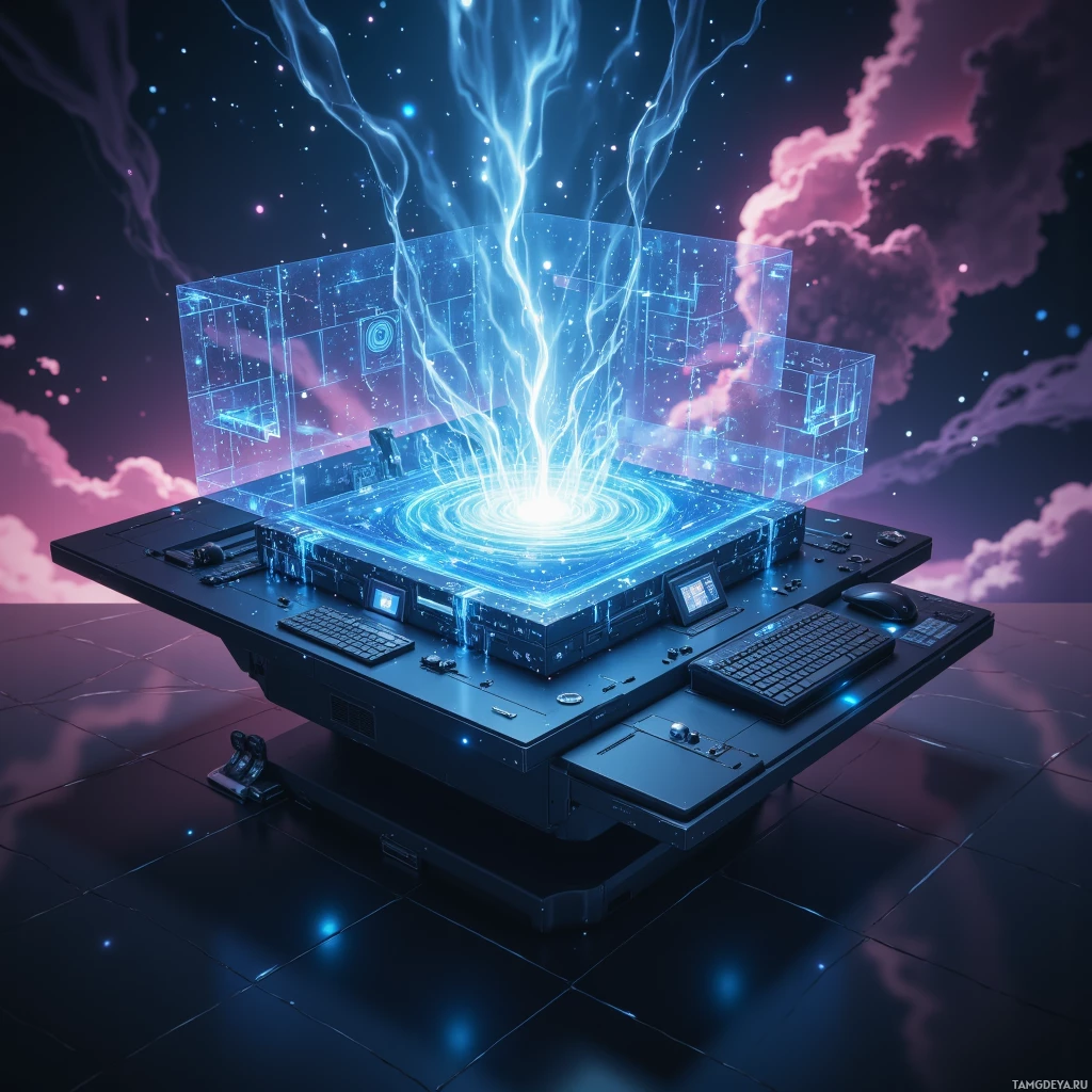 Футуристичная панель управления с голубым свечением энергии и космическим фоном.