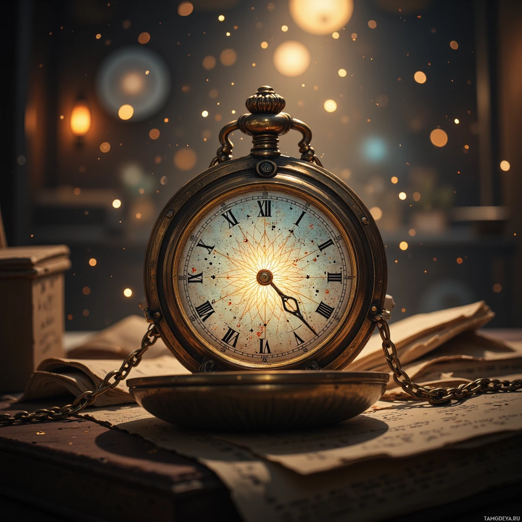 На открытой книге покоится старинные карманные часы с римскими цифрами, залитые теплым, мягким светом.