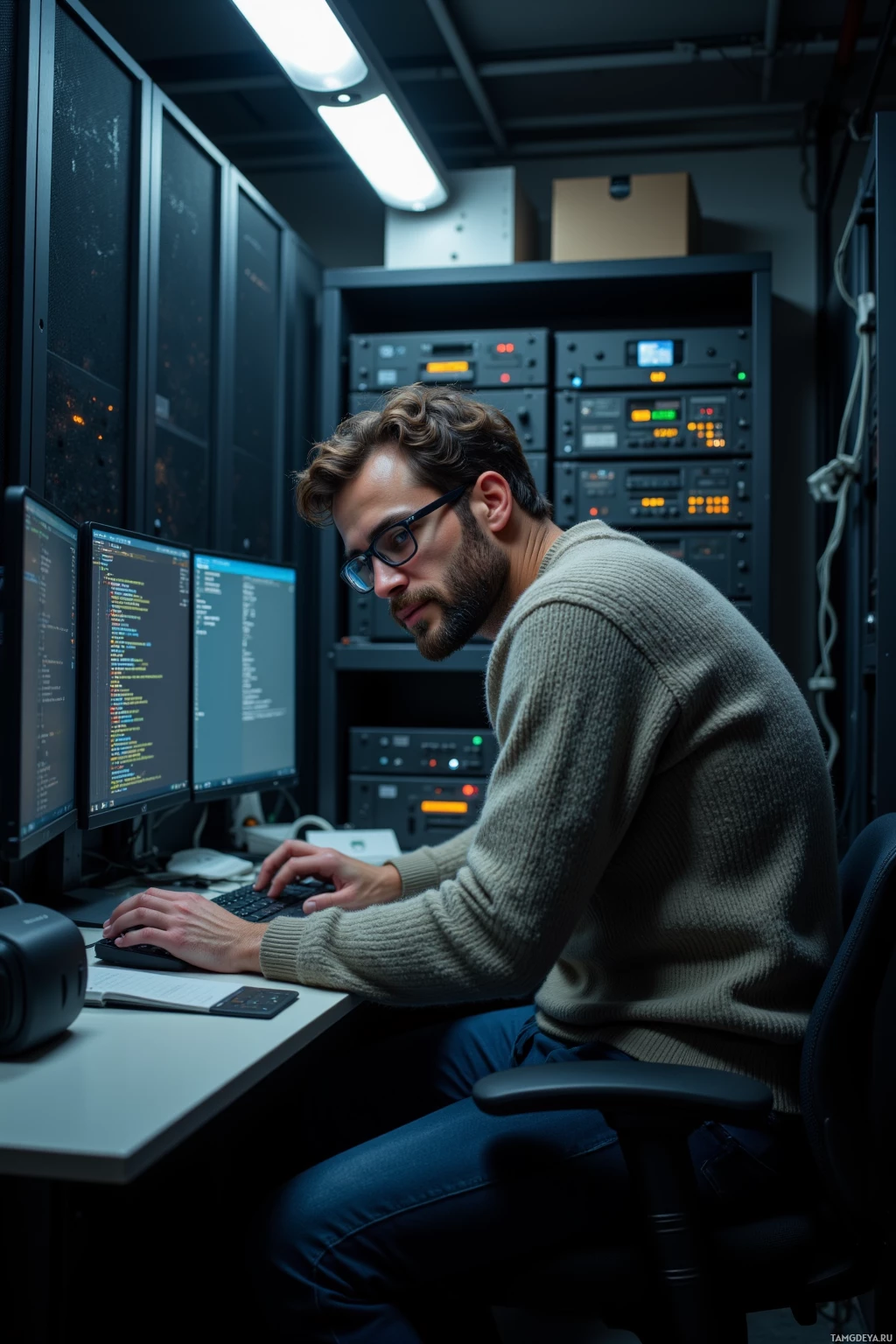 Мужчина работает за столом в серверной, используя два монитора и клавиатуру.