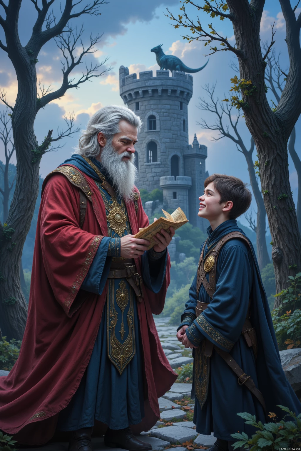 Пожилой мужчина в красном одеянии и юный мальчик в голубой одежде стоят перед замком, на башне которого примостился дракон.