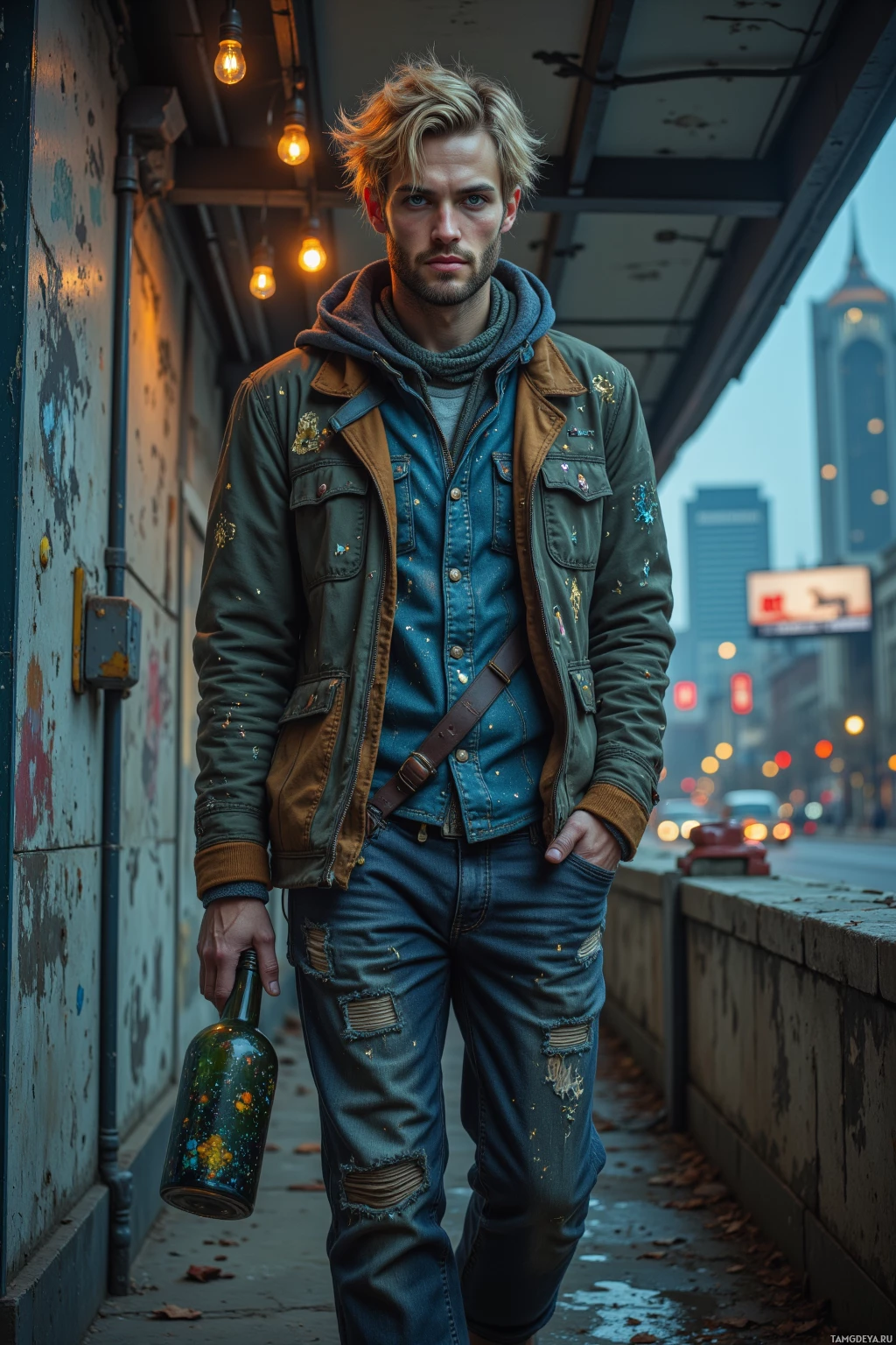 Мужчина стоит на городской тротуаре, держа в руках бутылку, одетый в поношенную куртку и джинсы.