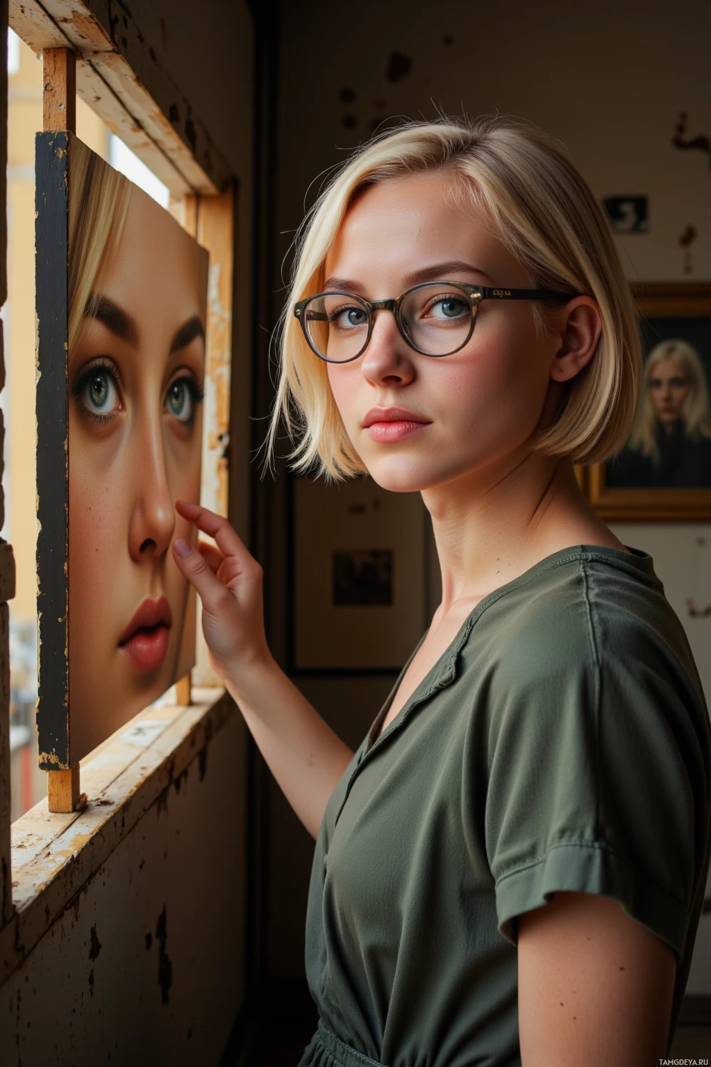 У окна стоит человек с короткой светлой стрижкой и в очках, одетый в зеленую кофту.