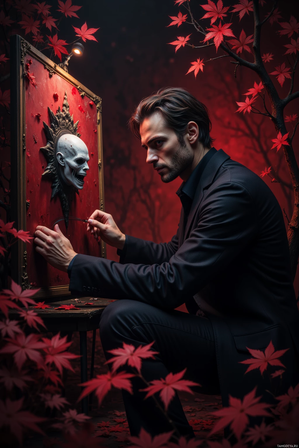Мужчина в костюме сидит за столом и рисует череп на красном холсте, окруженном осенними листьями.