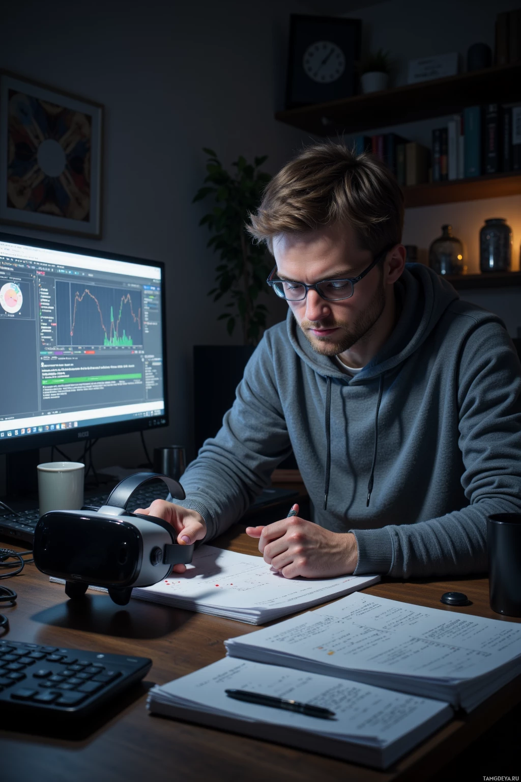 Человек в очках работает за столом, у него на столе компьютер, очки виртуальной реальности и бумаги.