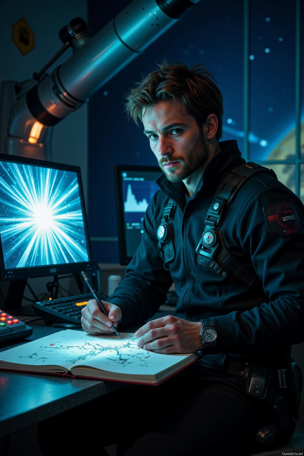 Человек в футуристической форме работает за столом, используя телескоп и компьютер, и что-то записывает в блокнот.