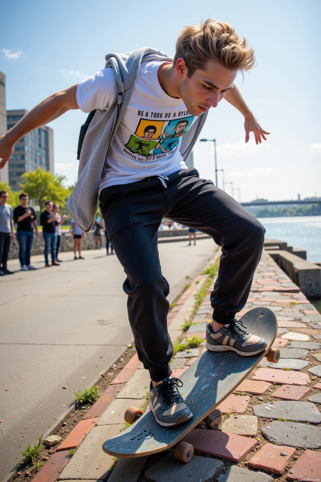 Скейтбордист балансирует на краю, на заднем плане видны зрители.