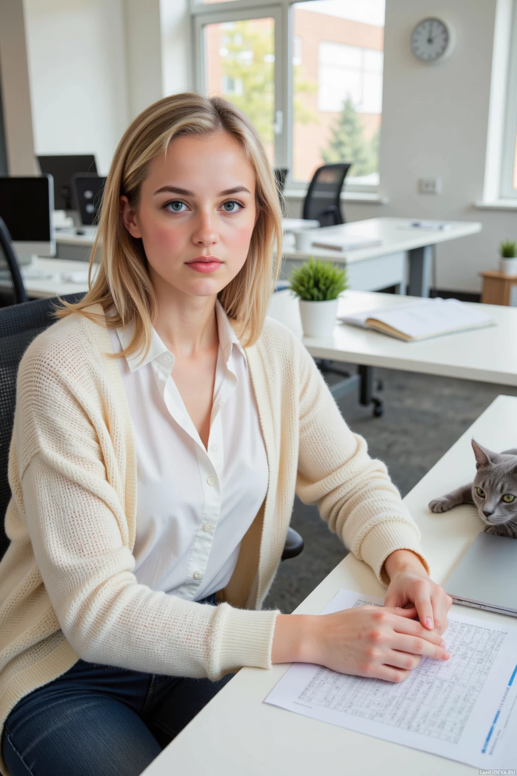 Женщина сидит за столом в офисе и смотрит прямо в камеру.