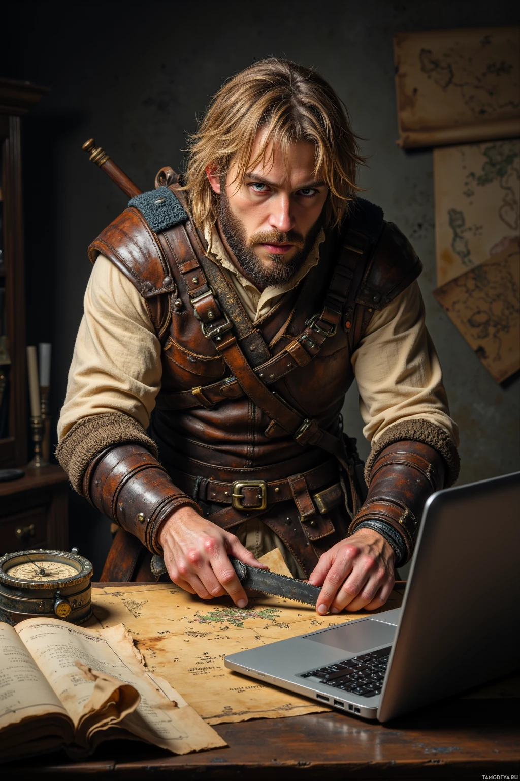 Мужчина в средневековой одежде работает за столом, на котором лежат ноутбук, карта и компас.
