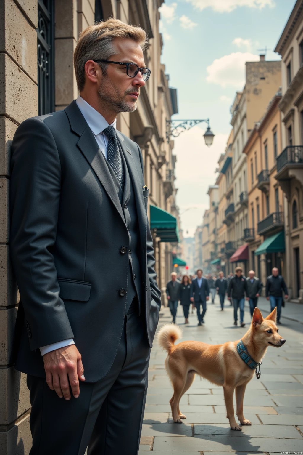 Мужчина в костюме стоит на городской улице, окинув взгляд в сторону, рядом с ним собака.