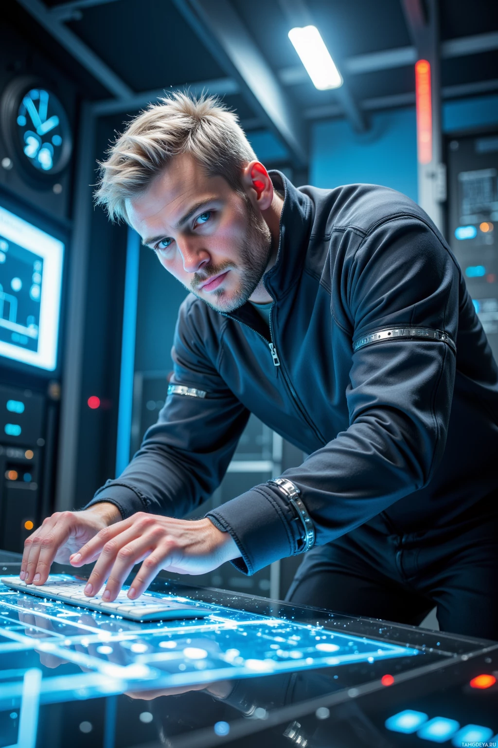 Человек в футуристической обстановке склонился вперед, печатая на светящейся клавиатуре.