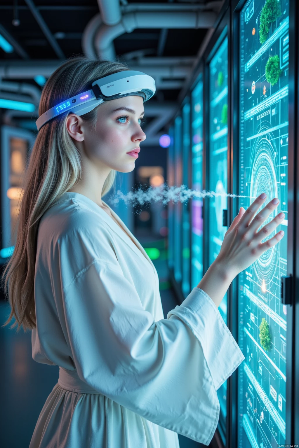 Человек в футуристических наушниках взаимодействует с большим, подсвеченным дисплеем.