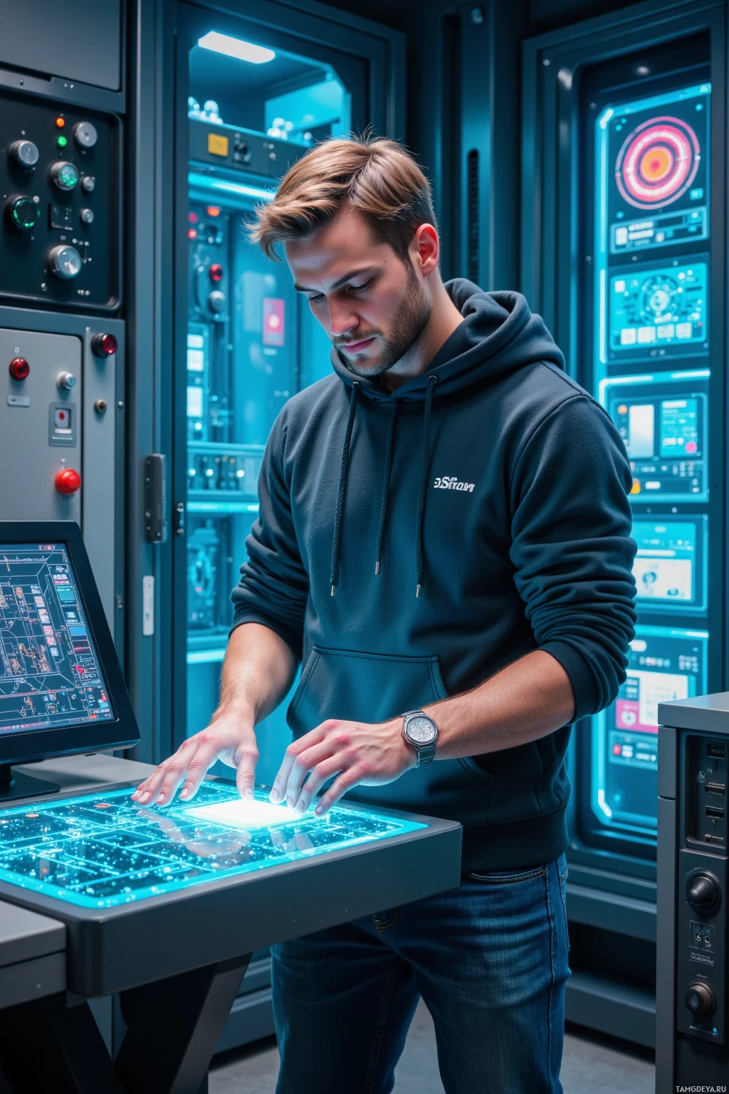 Мужчина в толстовке взаимодействует с футуристичной, подсвеченной панелью управления в высокотехнологичной обстановке.