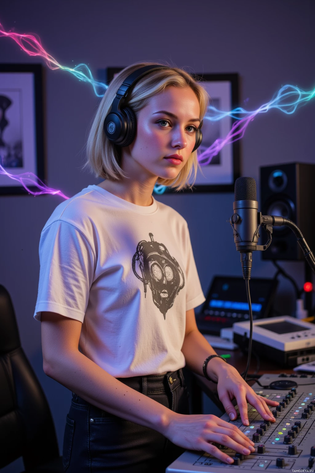 Человек в наушниках и футболке с принтом настраивает элементы управления на микшерном пульте в студии.
