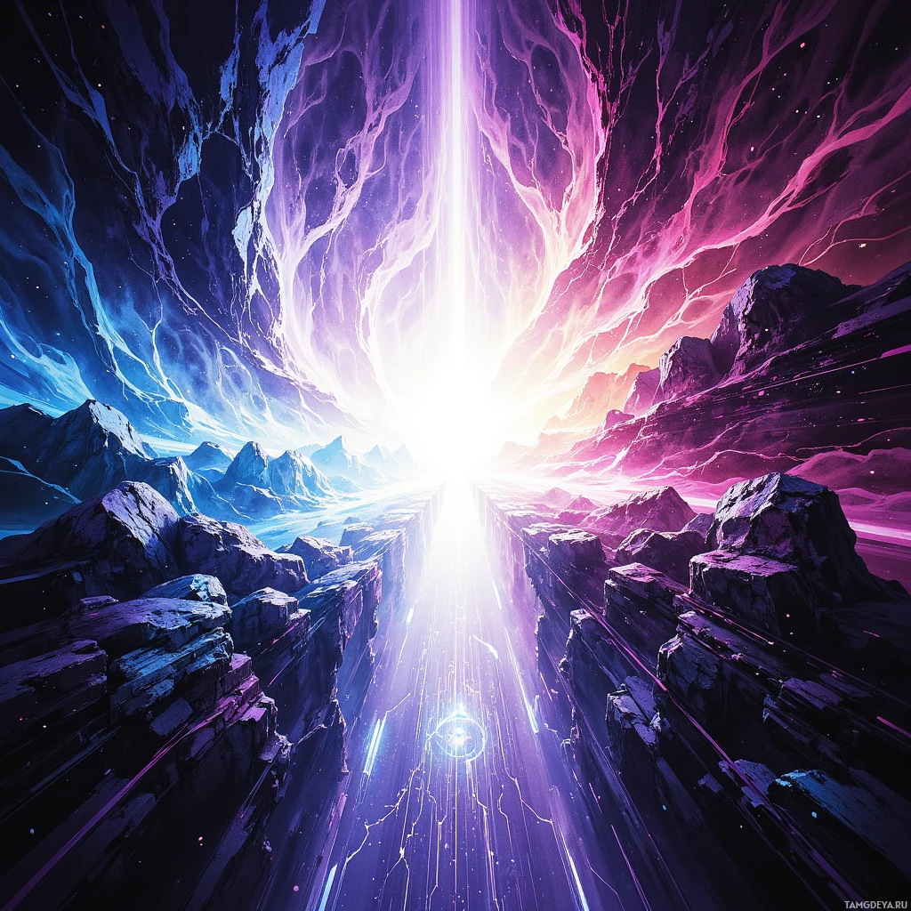 Яркая космическая сцена с ярким источником света в центре, окружённая светящимися, неземными облаками и острыми скальными образованиями.