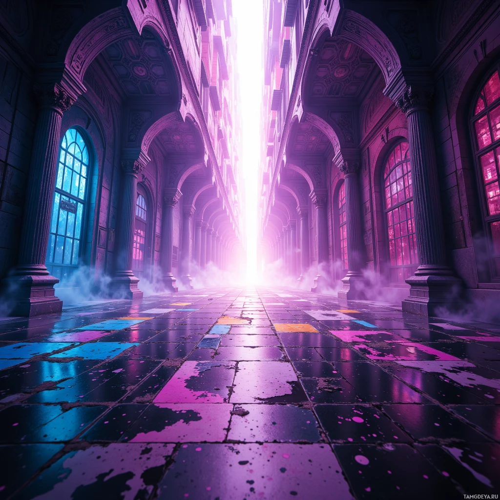 Величественный, богато украшенный коридор с красочными, отражающими плитками на полу и ярким светом в конце.