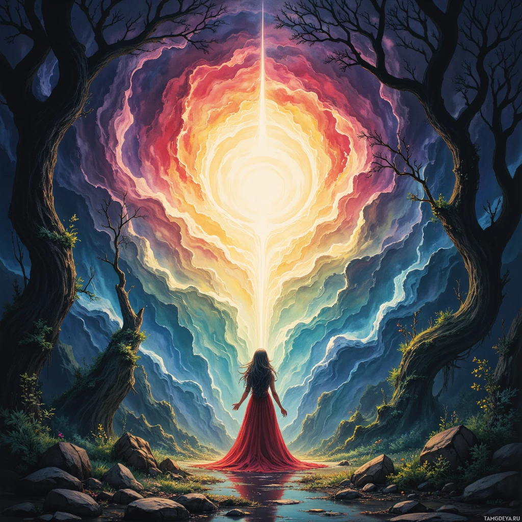 В красном платье женщина стоит в лесу, глядя на сияющий, красочный портал в небе.
