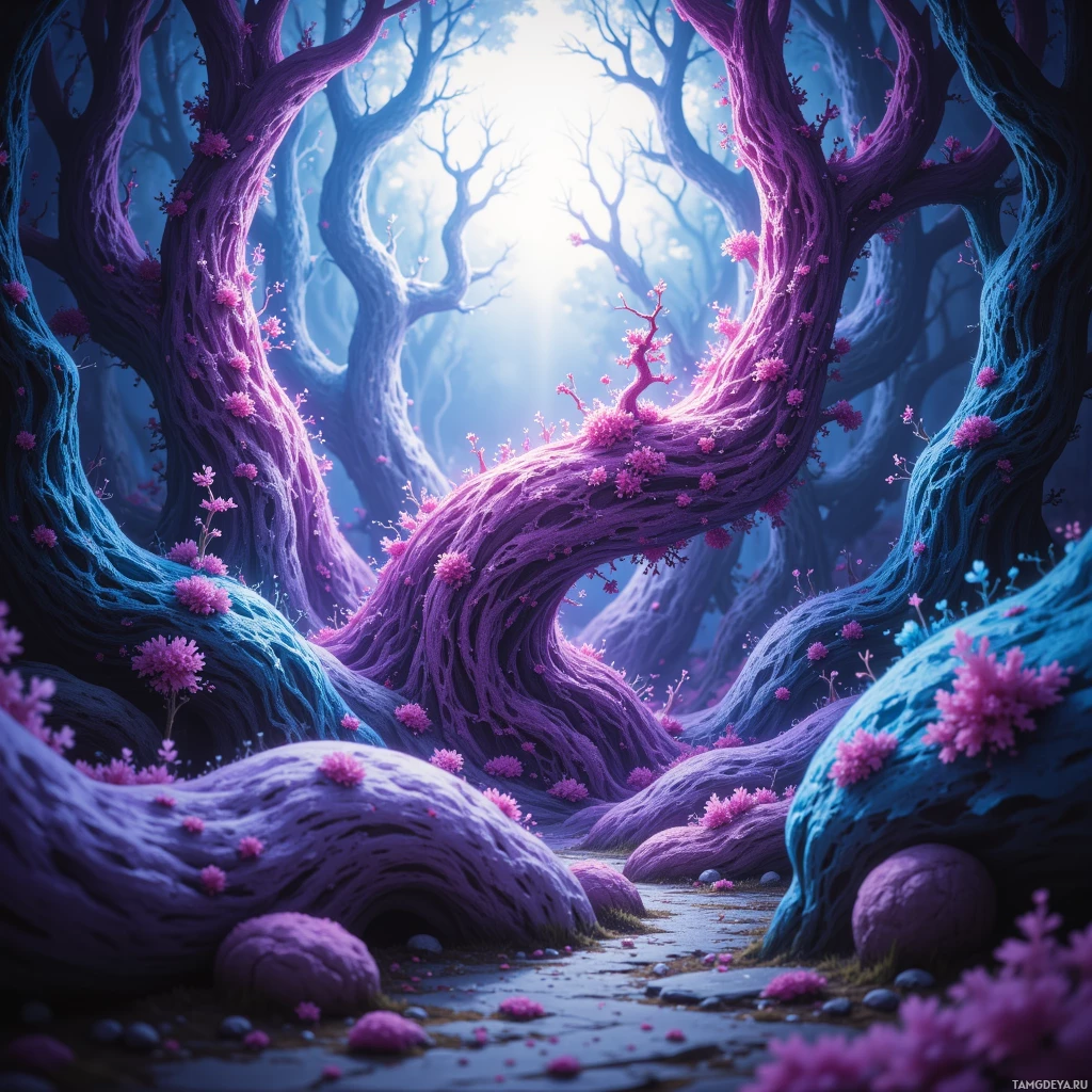 Сюрреалистичный лесной пейзаж с причудливыми пурпурными и синими деревьями, украшенными розовыми цветами, залитый неземным светом.