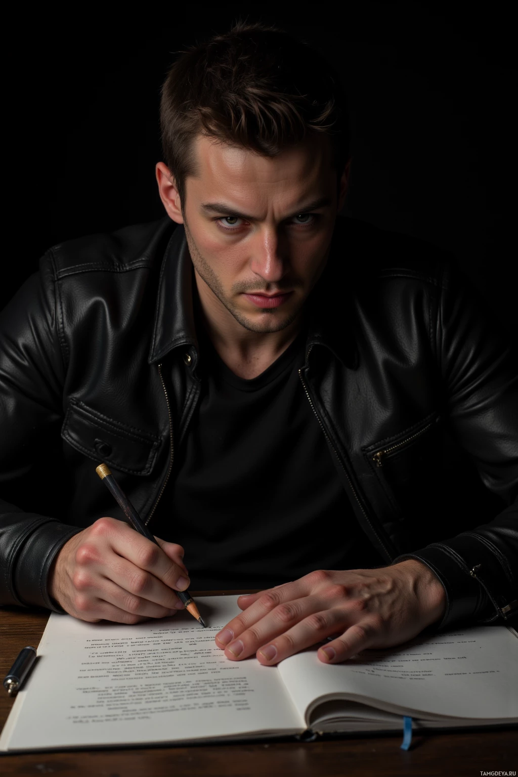 Человек в кожаной куртке что-то записывает в блокнот карандашом.