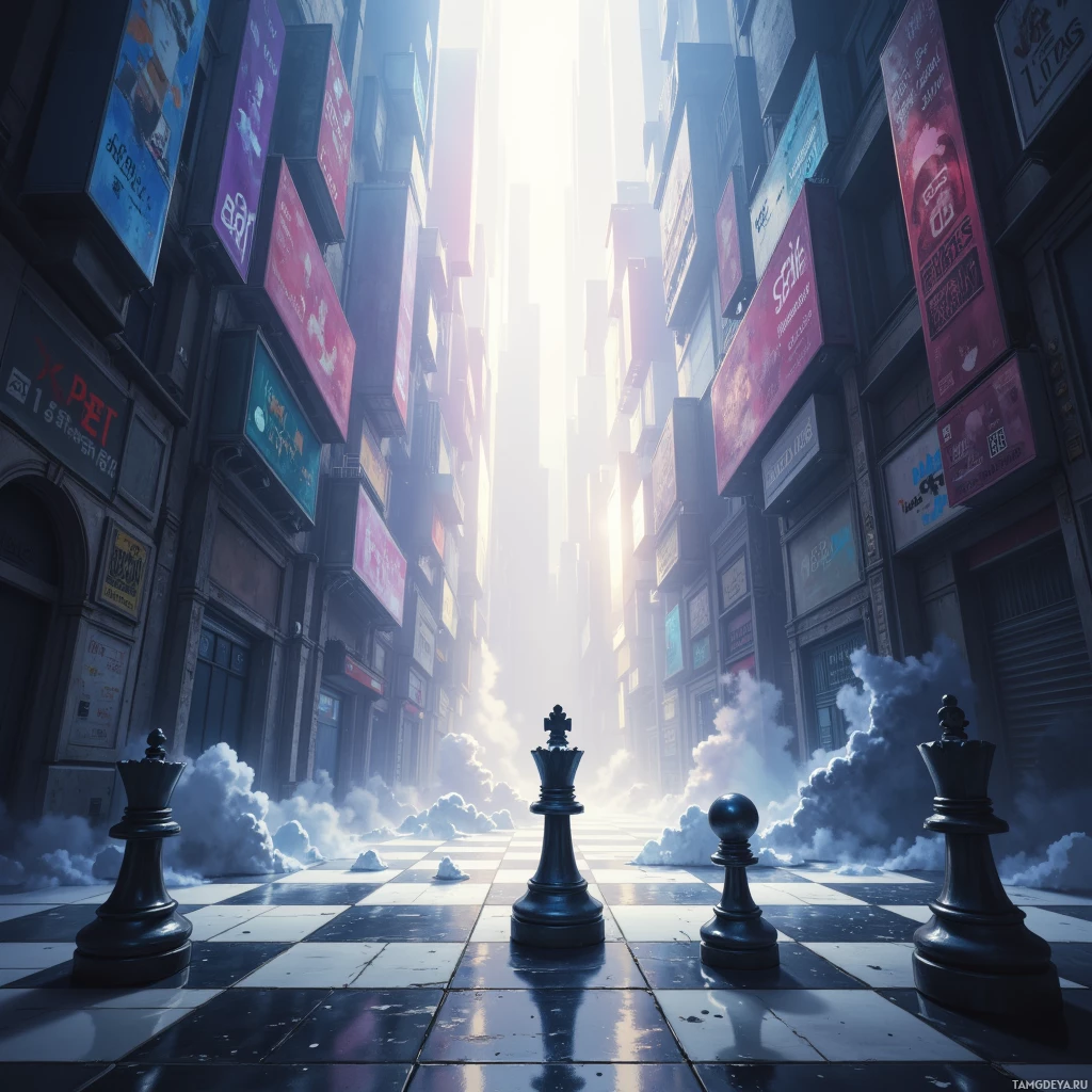 Футуристический городской пейзаж с высочайшими небоскрёбами и улицей, выполненной в виде шахматной доски, с большими шахматными фигурами.