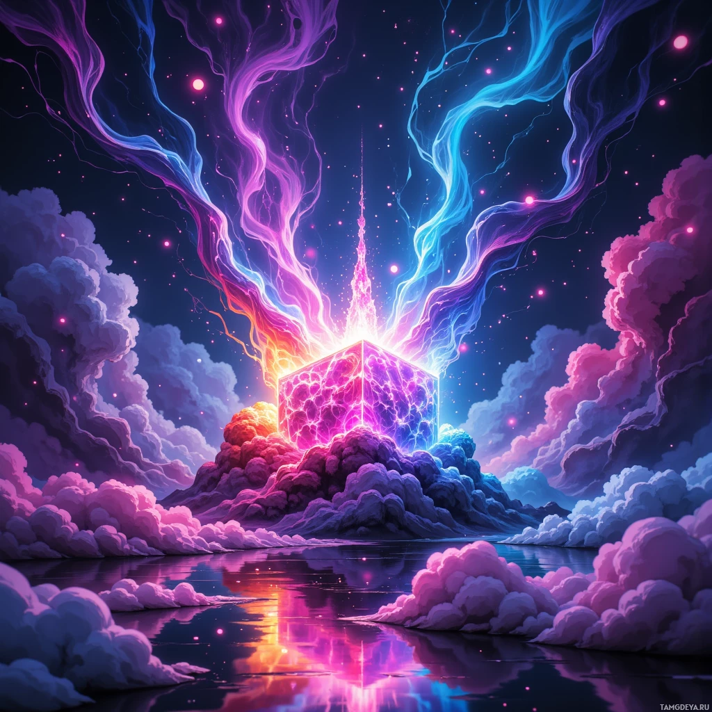 Яркая, космическая сцена, где светящийся куб испускает разноцветные потоки энергии на фоне звездного неба и отражающейся воды.