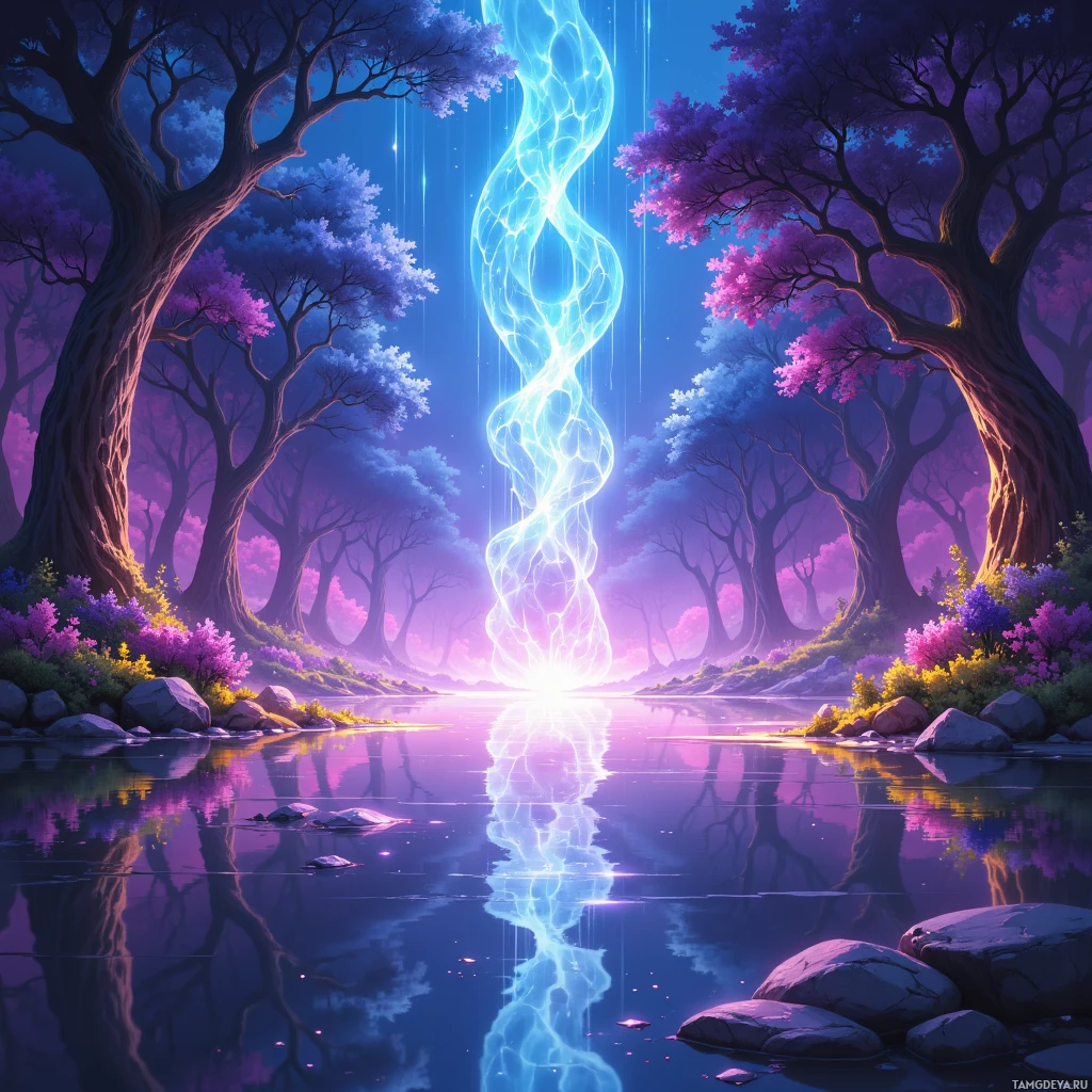 Безмятежная лесная сцена, где с неба ниспадает светящаяся голубая энергия, отражаясь в спокойной водной глади.